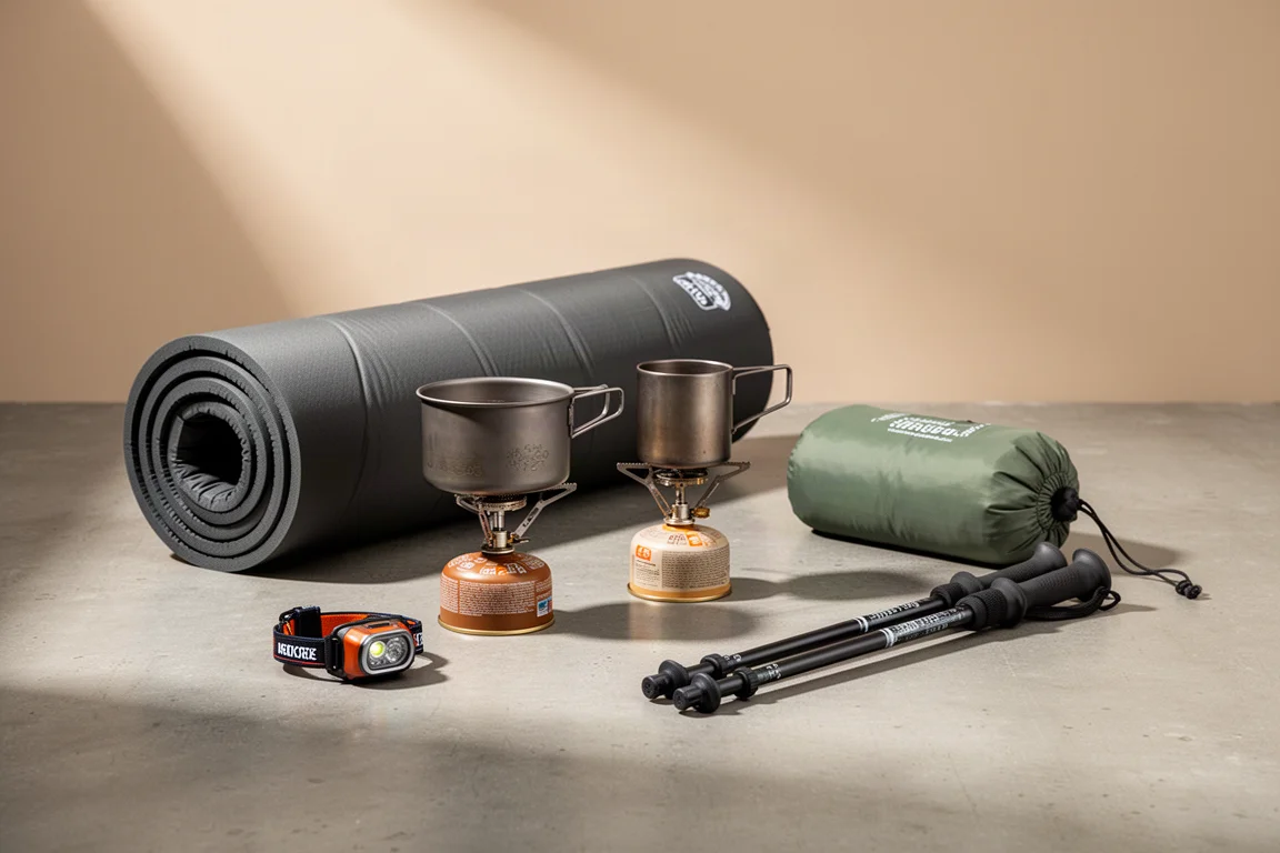 Ultralight backpacking gear flat-lay with filter, quilt, sleeping pad, and shelter on concrete