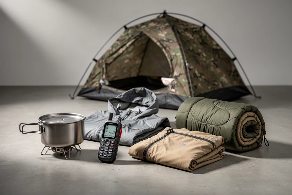 Overhead flat lay of backpacking gear including a pack, sleeping pad, quilt, cook pot, stove, and small light