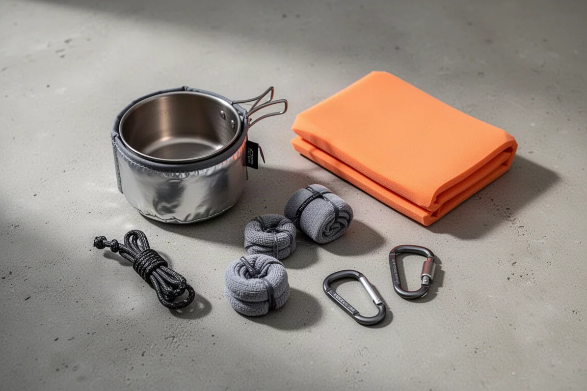 Small ultralight backpacking accessories arranged on a matte concrete surface