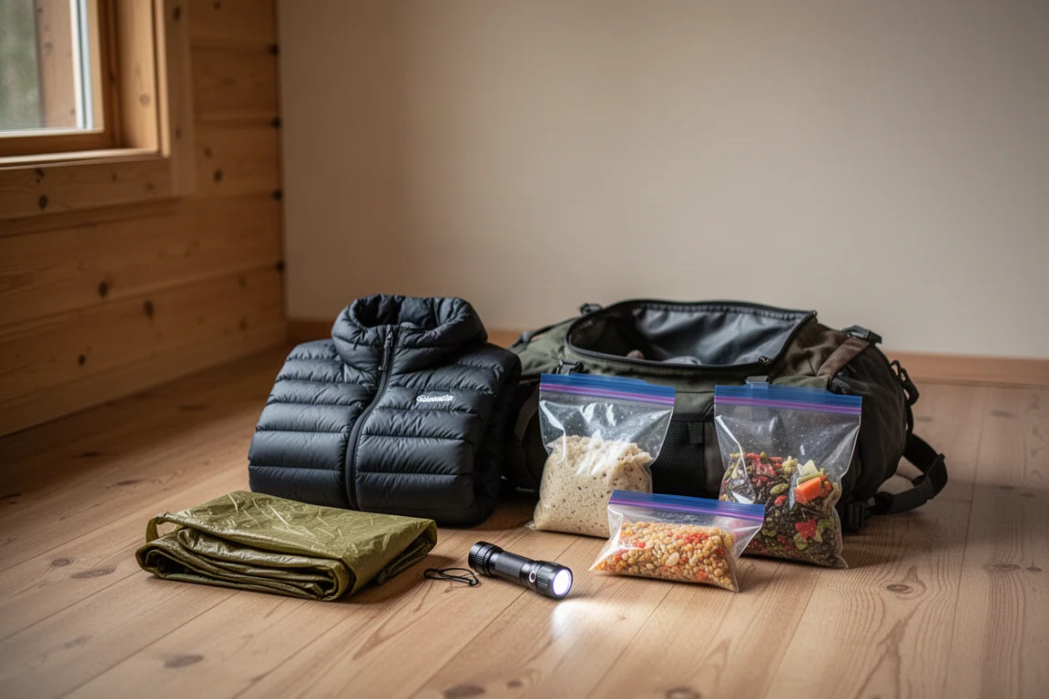 Kleine Ausrüstungsgegenstände eines Wanderers auf einem Hüttenboden neben einem offenen Rucksack