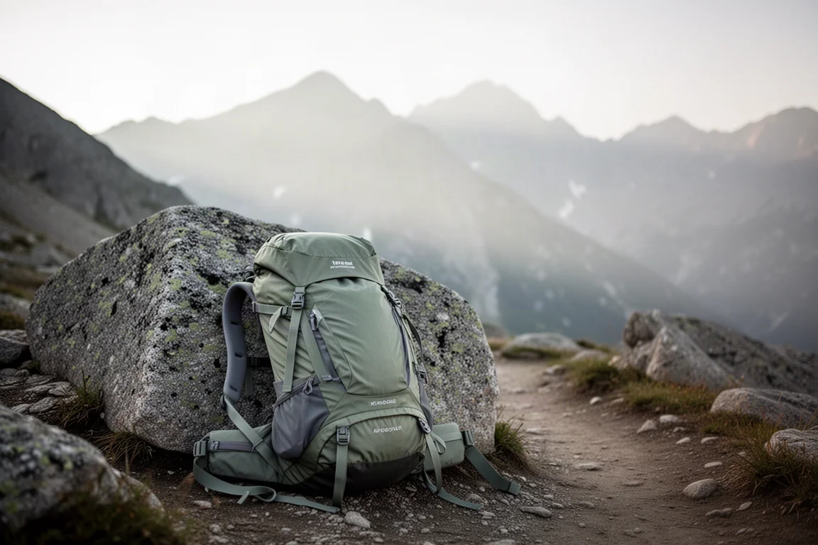 Leichter Backpacking-Rucksack lehnt an einem Granitfelsen neben einem Alpenweg