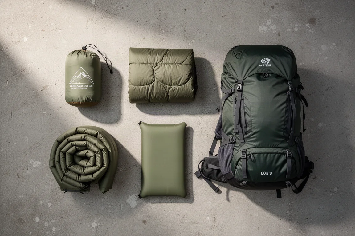 Backpacking tent, quilt, sleeping pad and 60 liter backpack laid out on grey concrete