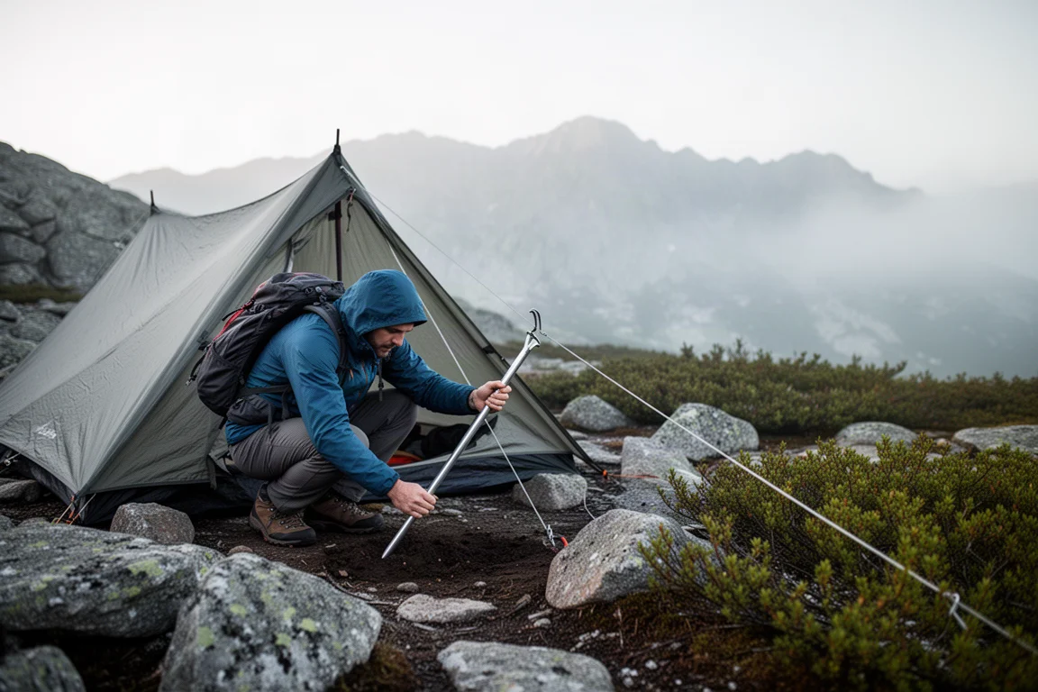 Lichtgewicht tent op een grasrug bij zonsopgang met mist in het dal