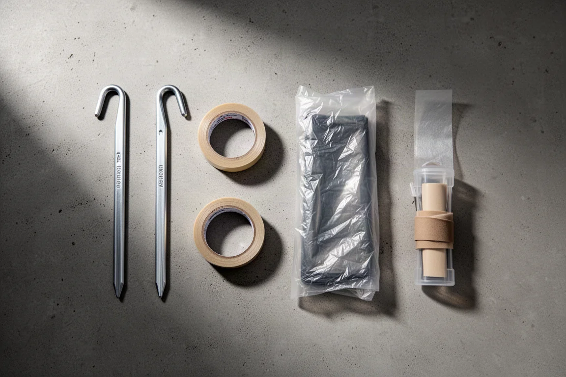 Small backpacking essentials on concrete: stakes, tape roll, pack liner, repair kit