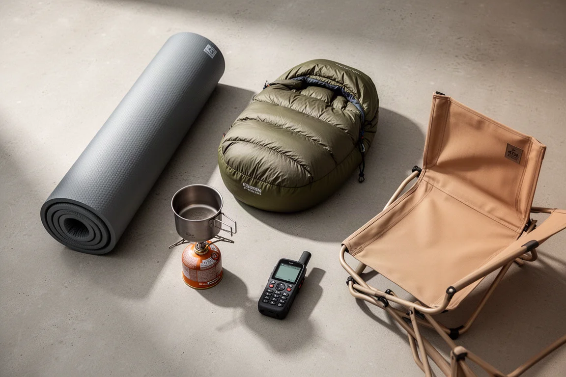 Overhead flat-lay of affordable backpacking gear on a matte concrete surface
