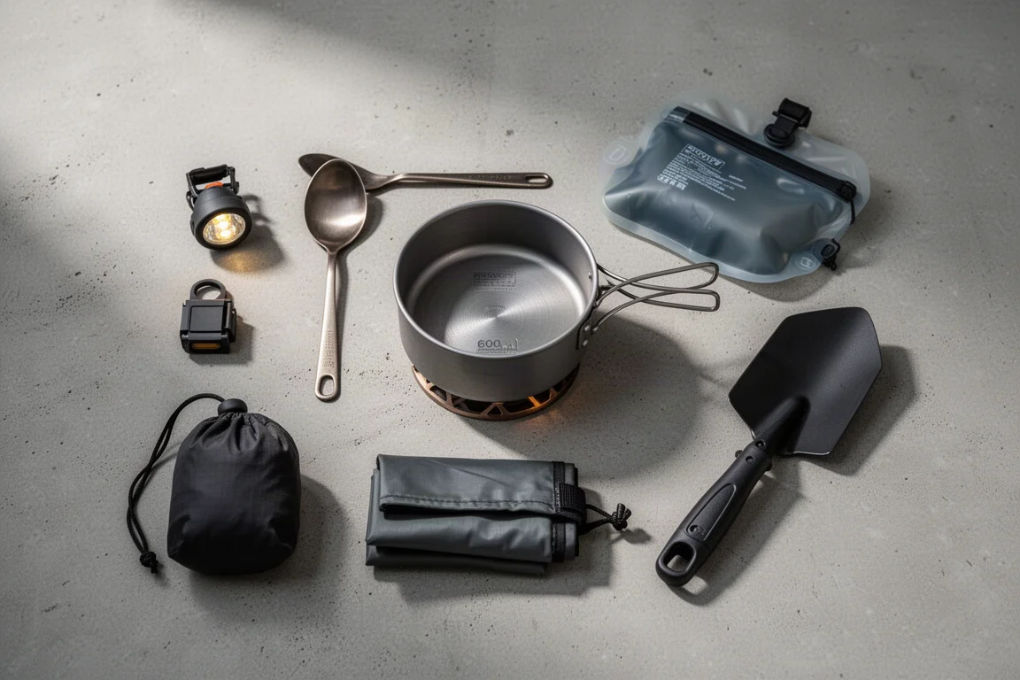 Overhead flat-lay of compact backpacking gear including a camp light, spoon, cook pot, and water bag