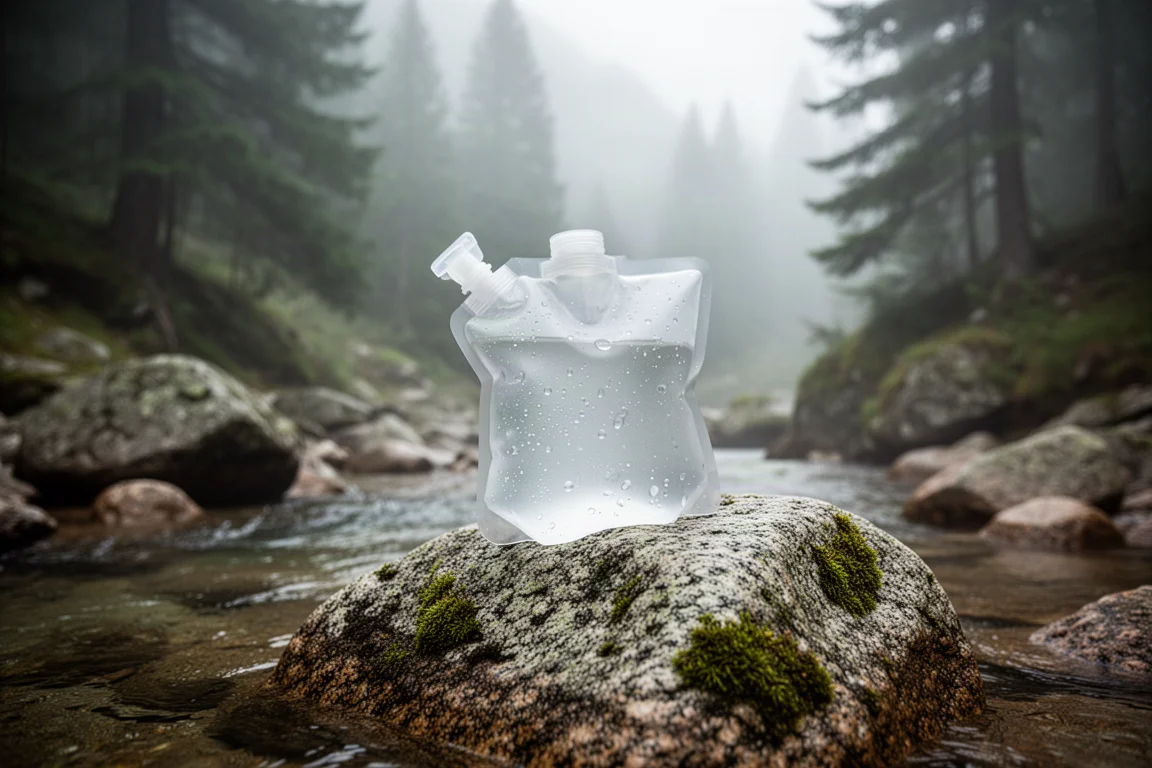 Bolsa de agua translúcida sobre una roca con musgo junto a un arroyo de montaña