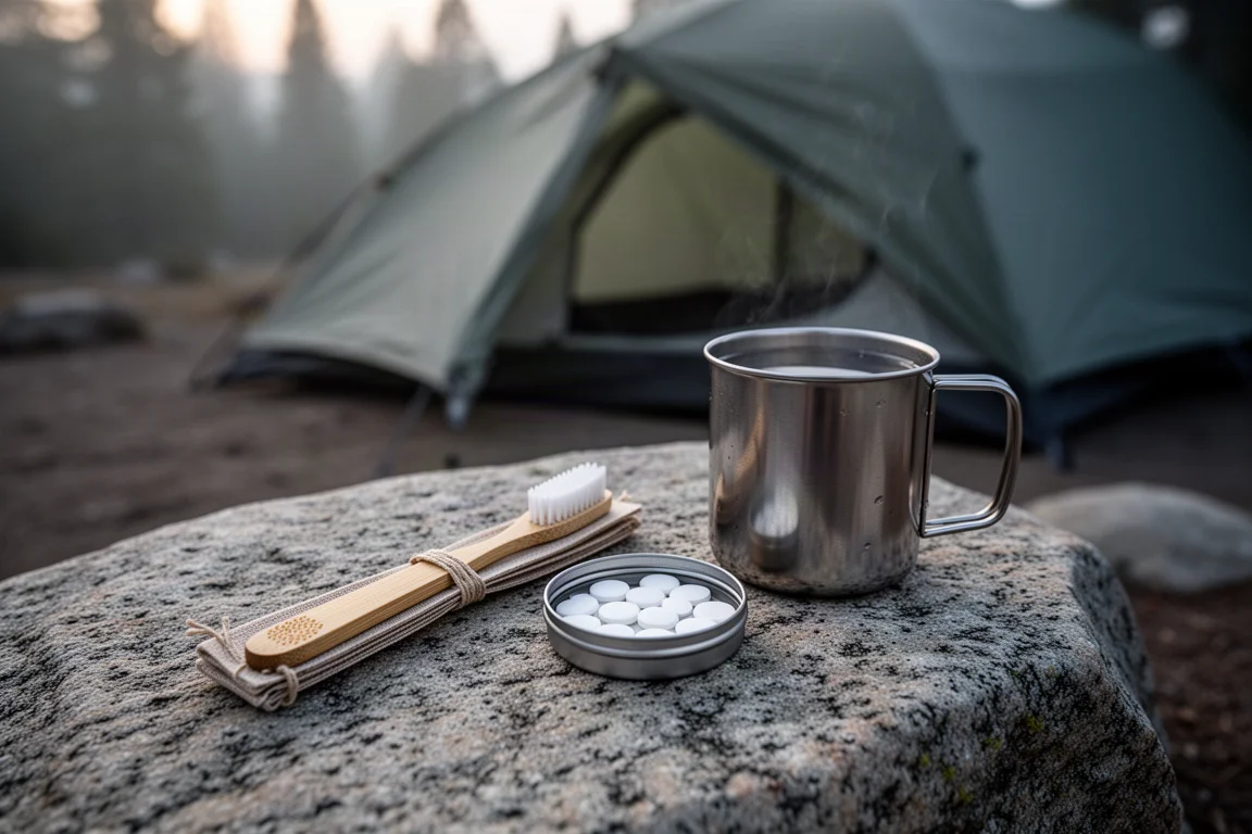 Detalle matutino de campamento con cepillo de dientes, lata de pastillas y taza metálica sobre roca