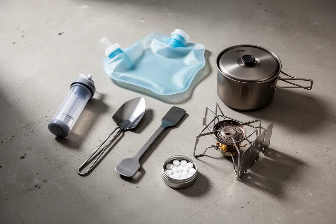 Flat-lay of six compact backpacking essentials on a matte concrete surface