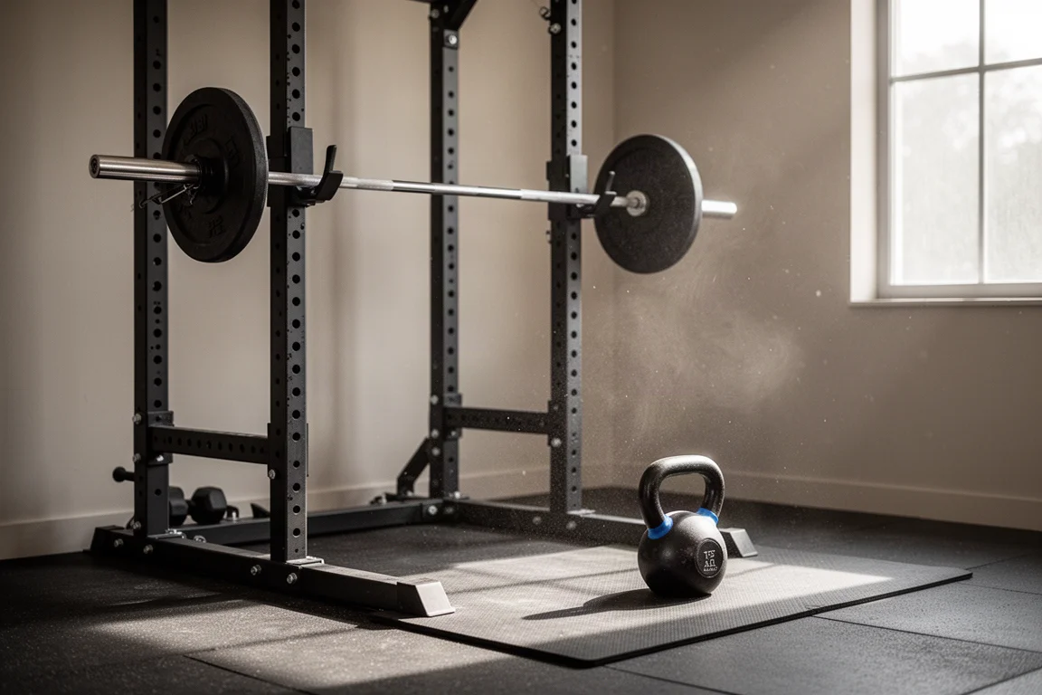 Hörna av hemmagym med ett knäböjställ och kettlebell på en gummimatta