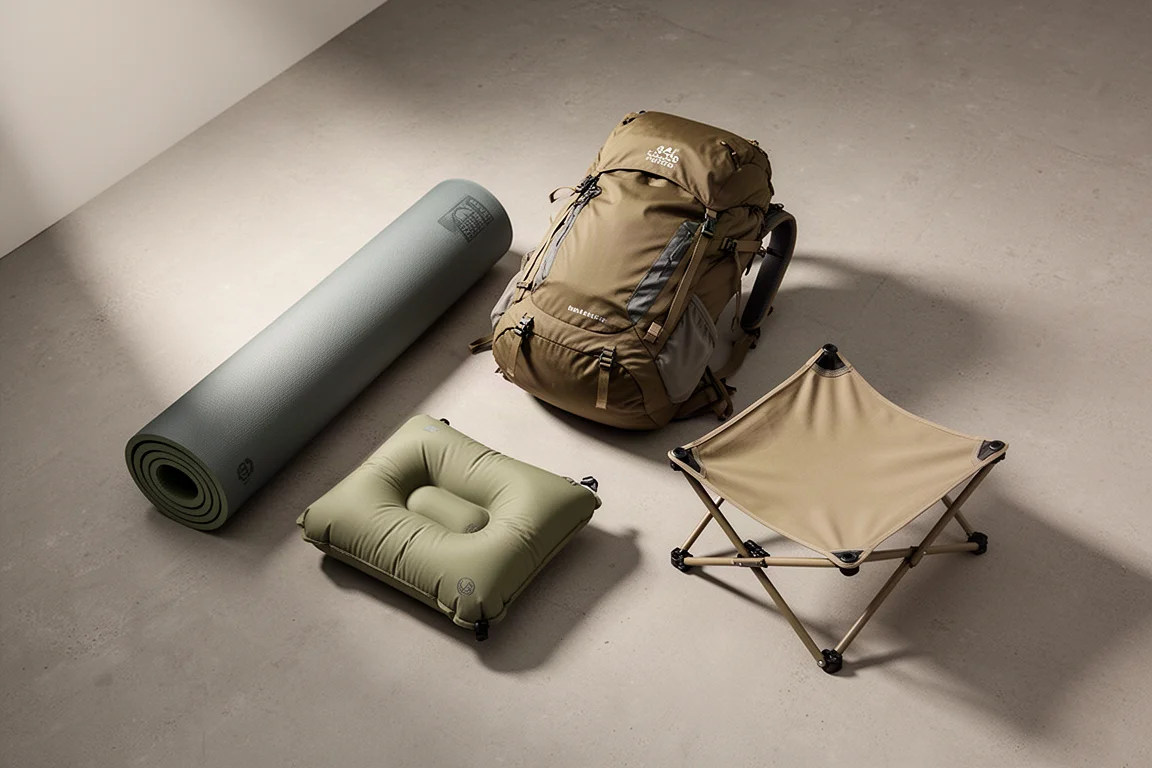 Backpacking gear flat-lay with sleeping pad, pillow, pack, and camp chair on concrete