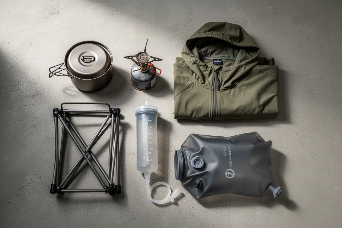 Overhead flat lay of backpacking essentials on a matte concrete surface