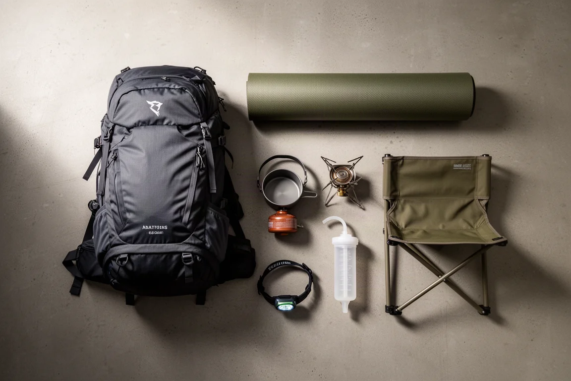 Backpacking gear flat lay with pack, shelter, sleeping pad, cook pot, and lantern on concrete