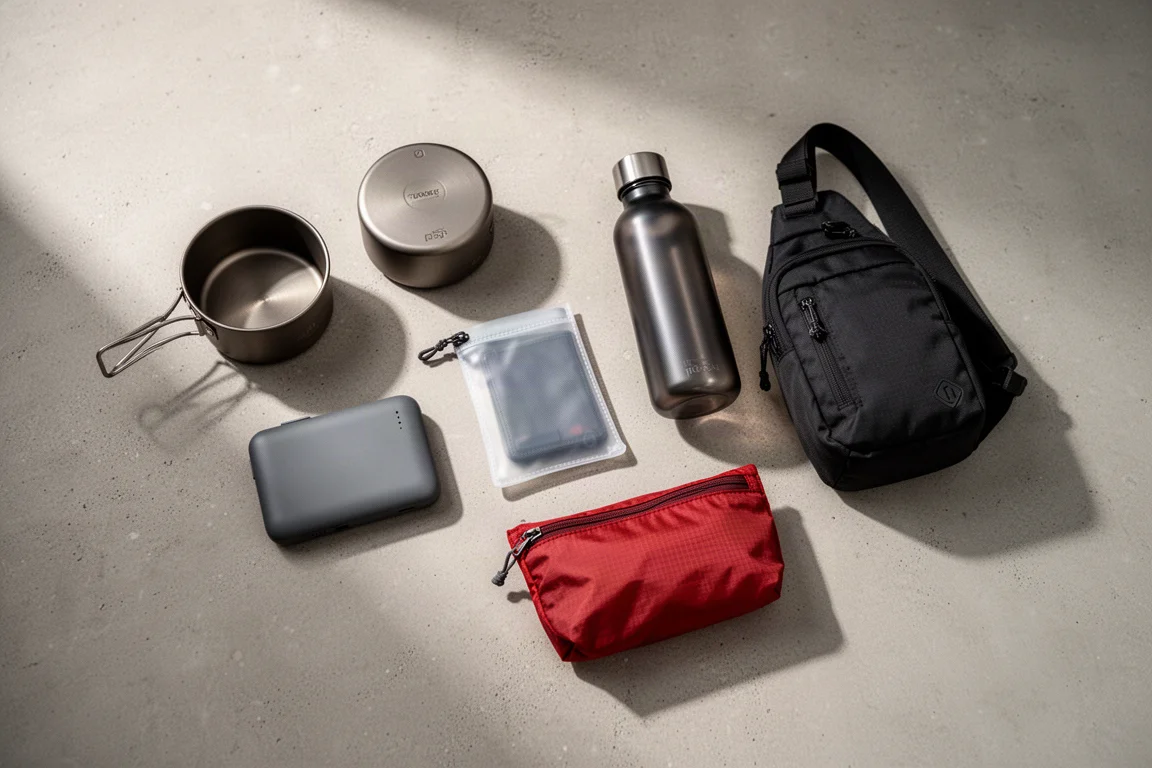 Backpacking gift items arranged on concrete including titanium pot, power bank, wallet and bottle