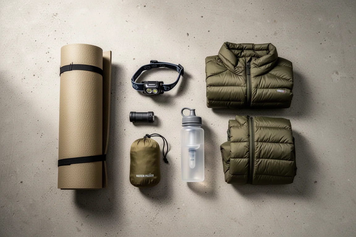 Draufsicht auf flach ausgelegte Backpacking-Essentials auf einer Betonfläche