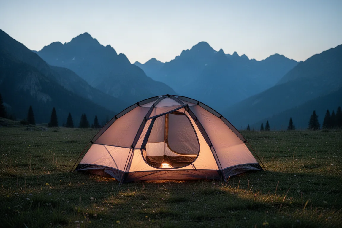 Leichtes Zweipersonenzelt auf einem alpinen Campingplatz in der Abenddämmerung