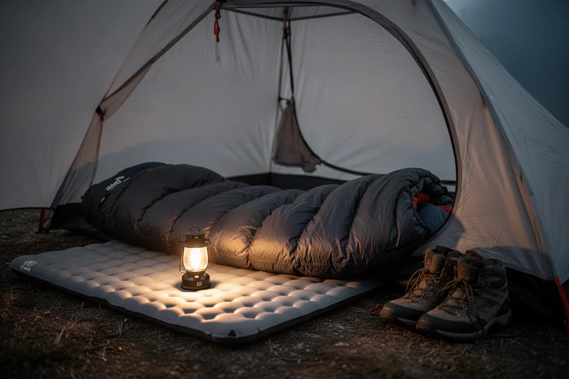 Schlafsack und Isomatte bei Nacht in einem kleinen Zelt ausgelegt