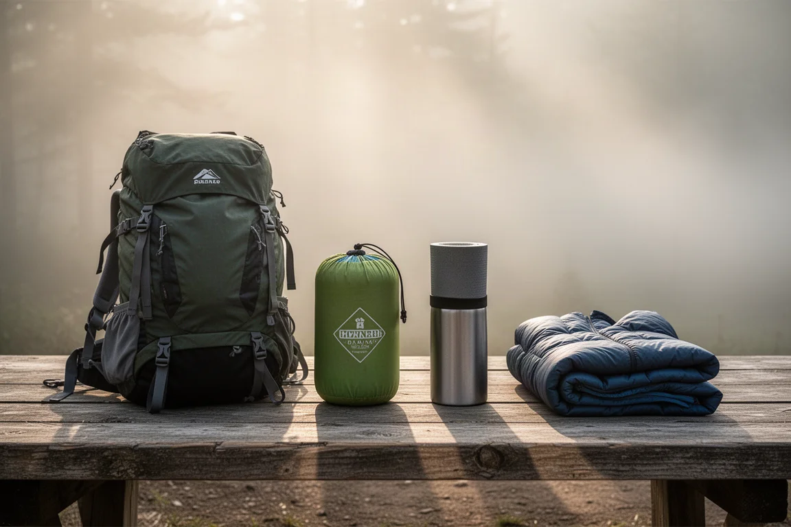 Backpacking-Ausrüstung auf verwittertem Holz an einem Trailhead im Morgenlicht