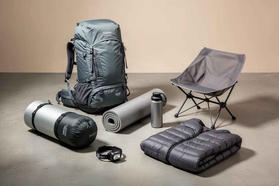 Ultralight backpacking gear arranged on a concrete surface for a gift guide