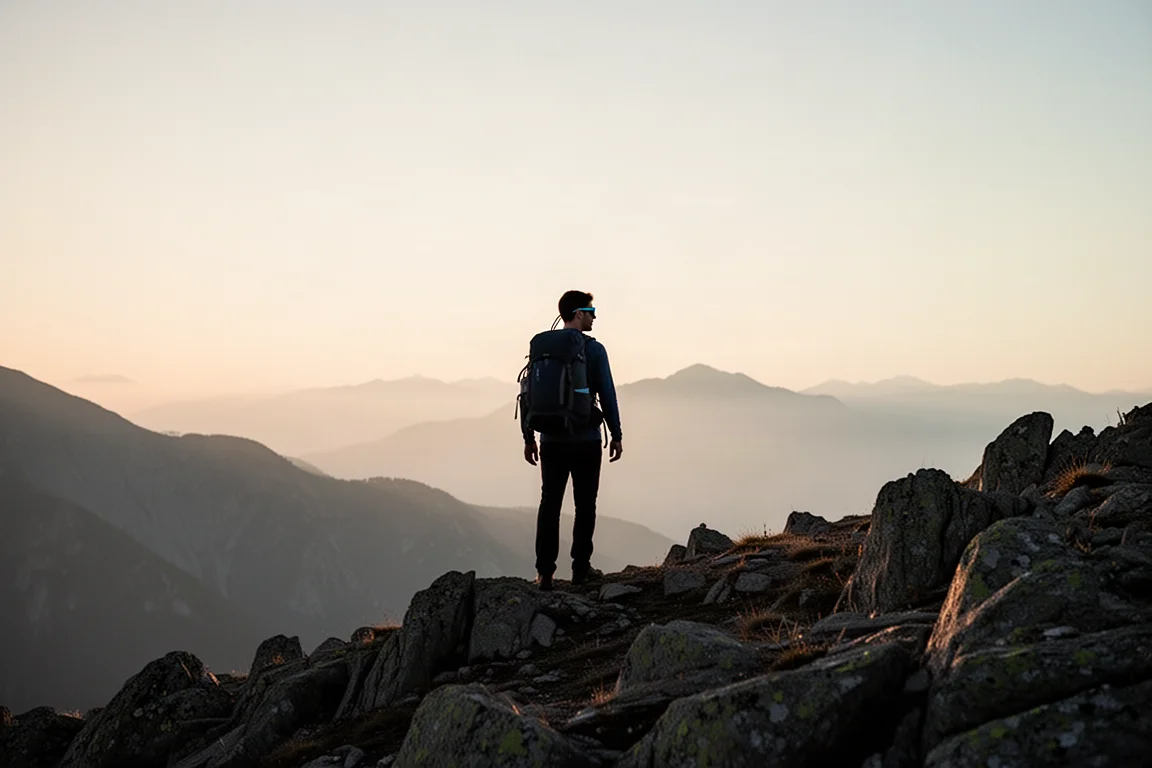 Senderista en silueta sobre una cresta al amanecer con montañas escalonadas detrás