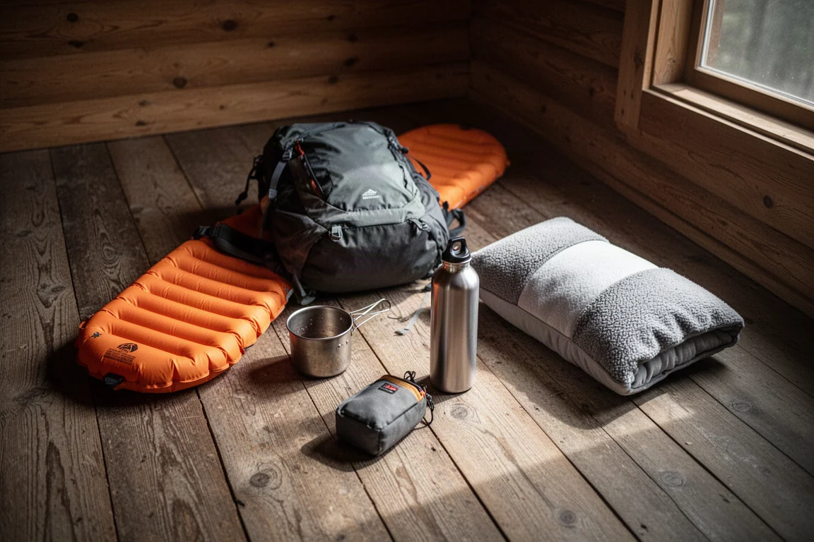 Equipo de mochilero extendido en el suelo de madera de una cabaña alrededor de una mochila abierta