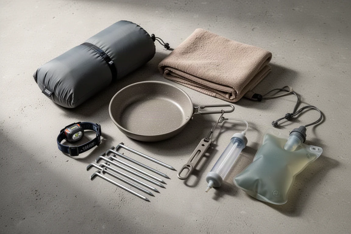 Backpacking gift items arranged as a flat-lay on a concrete surface