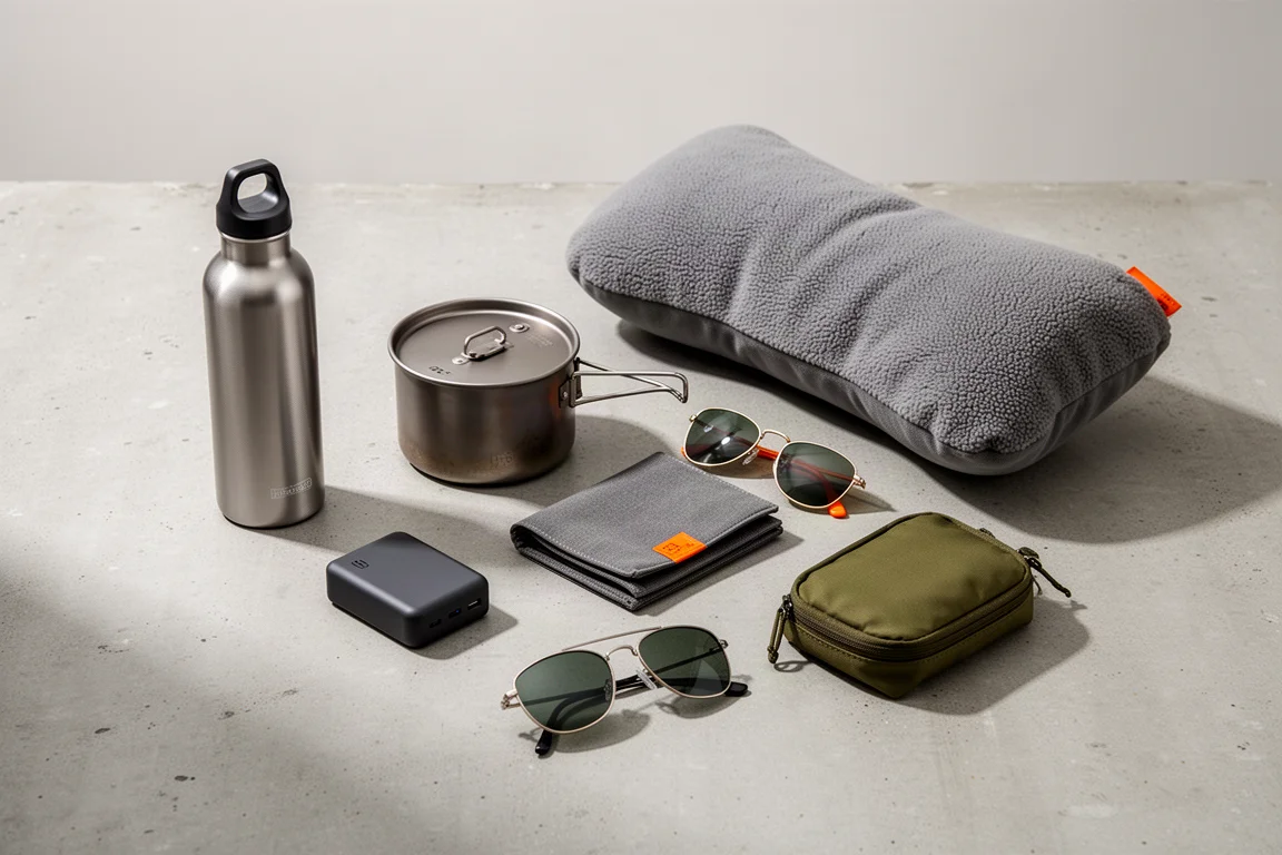 Group of backpacking gift items arranged on a concrete surface