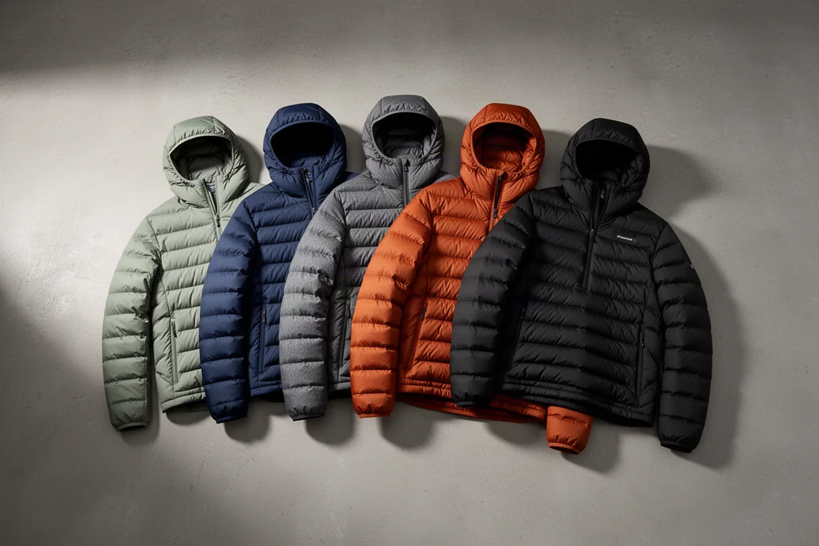 Five hooded insulated backpacking jackets arranged on a matte concrete surface