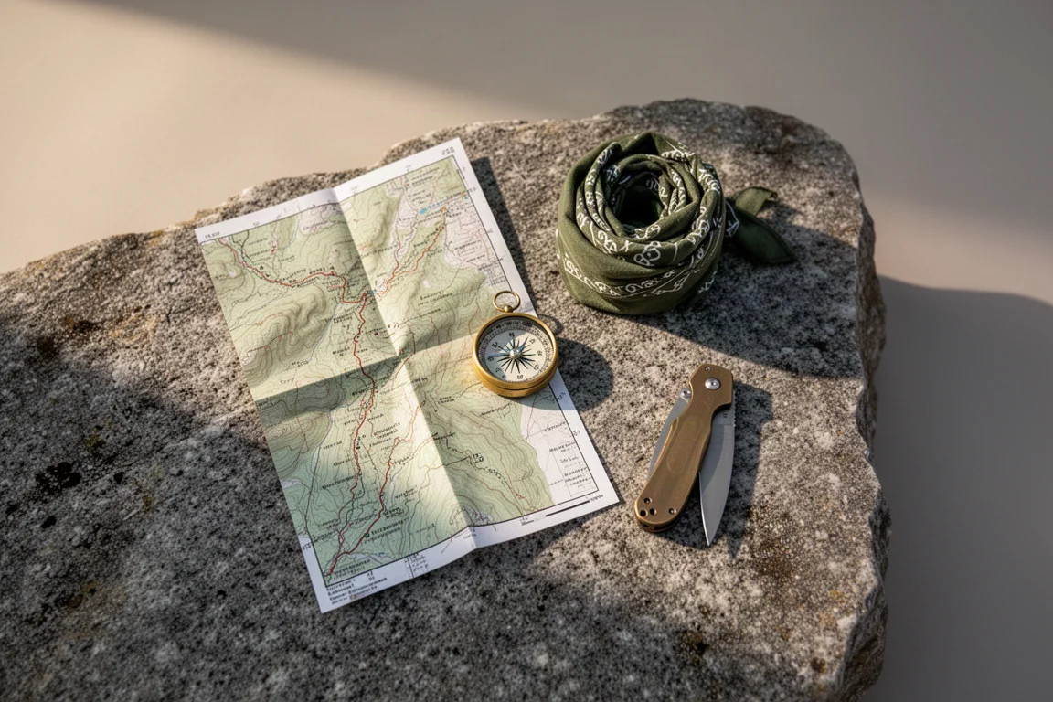 Overhead flat lay of a trail map, compass, and small folding knife on granite