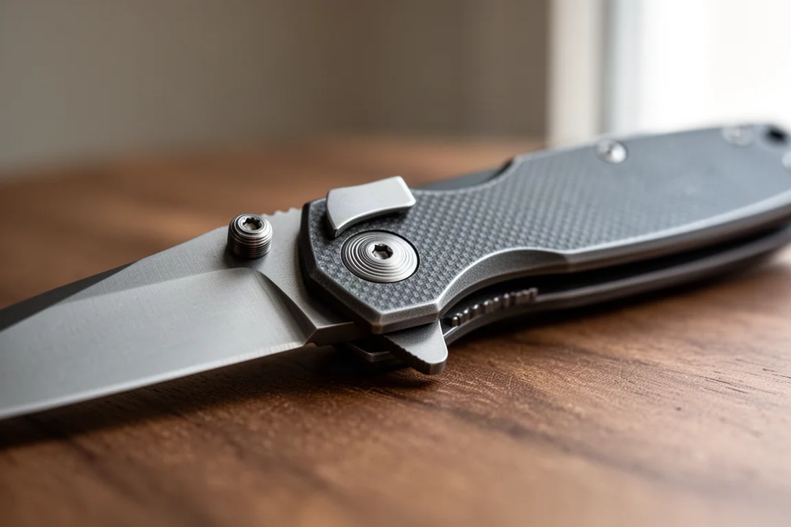 Macro detail of a folding knife pivot and flipper tab on a wooden surface