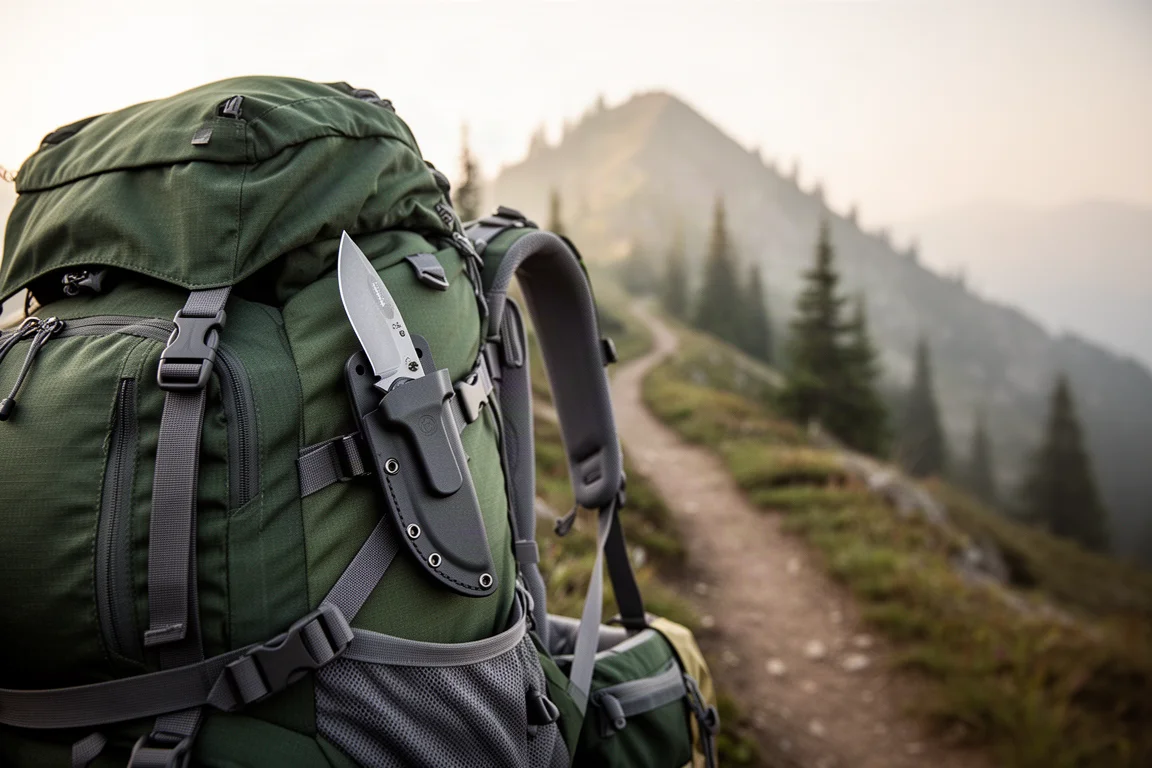 Compact fixed-blade knife in a dark sheath attached to a backpack shoulder strap