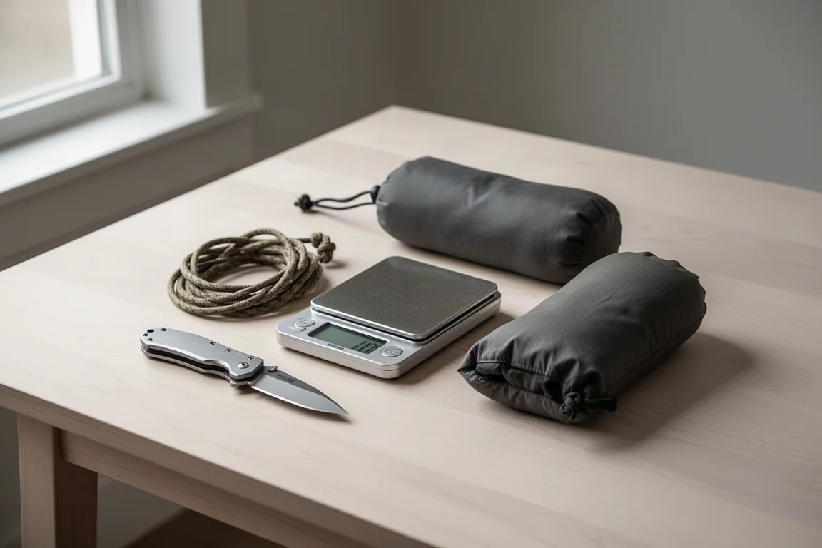 Small digital scale weighing gear beside a compact folding knife on a table