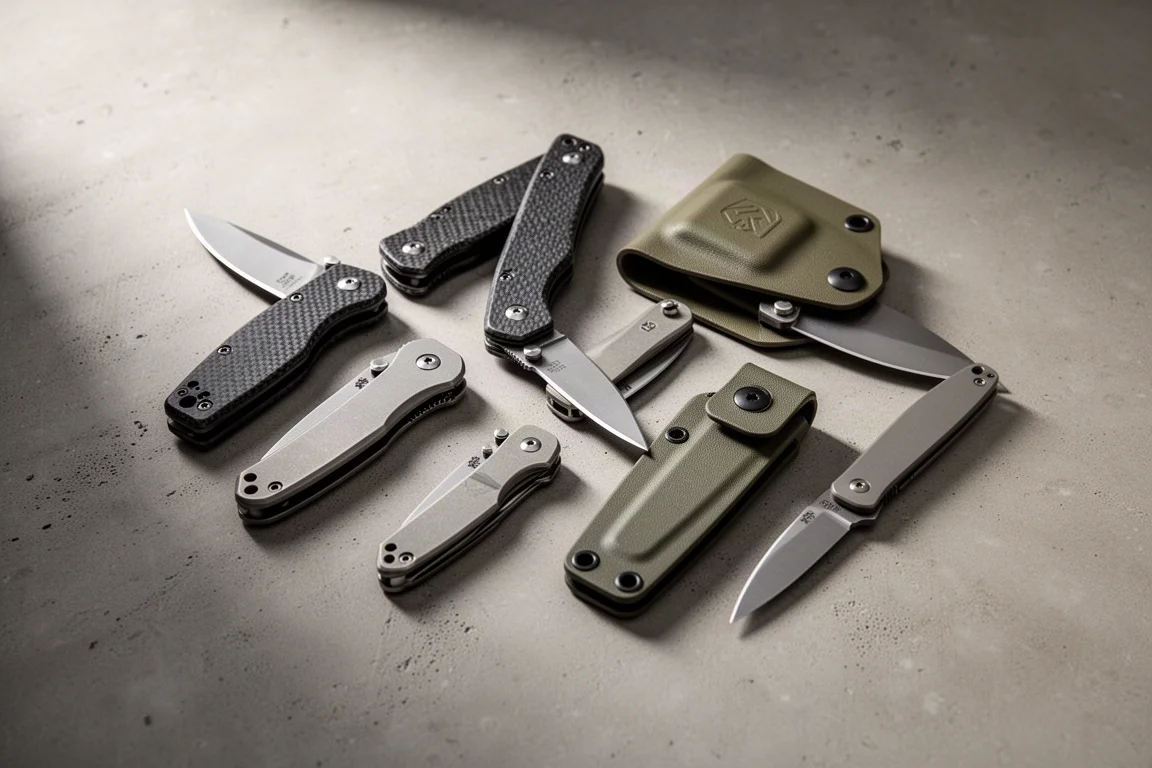 Six compact folding and fixed-blade knives arranged on a matte concrete surface