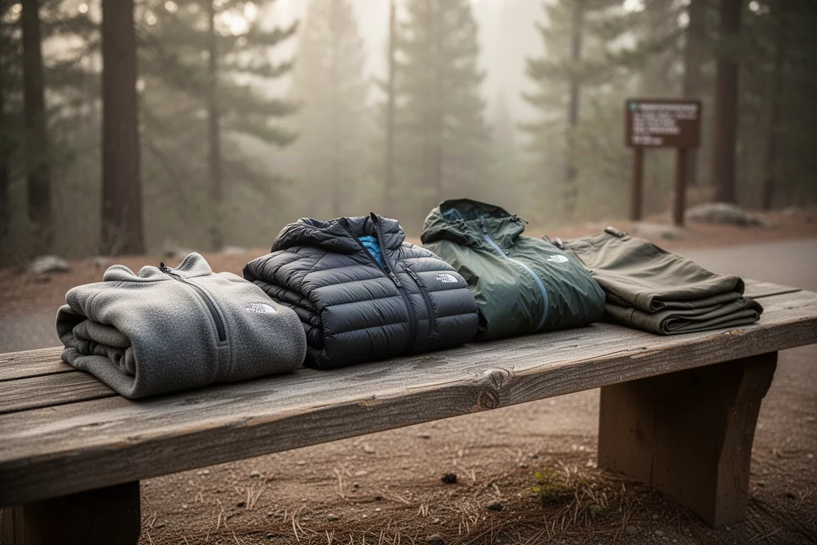 Folded backpacking clothing layers arranged in a row on a wooden bench at a trailhead