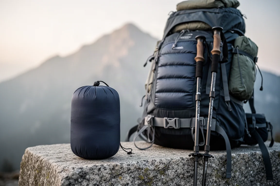 Compact down jacket compressed into a small stuff sack beside a loaded hiking backpack