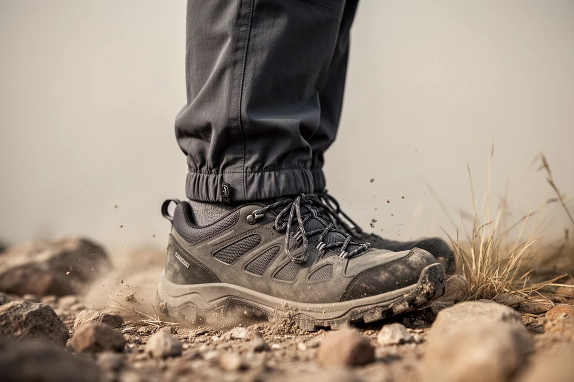 Close-up of hiking pant ankle cuff cinched above a trail shoe on rocky ground