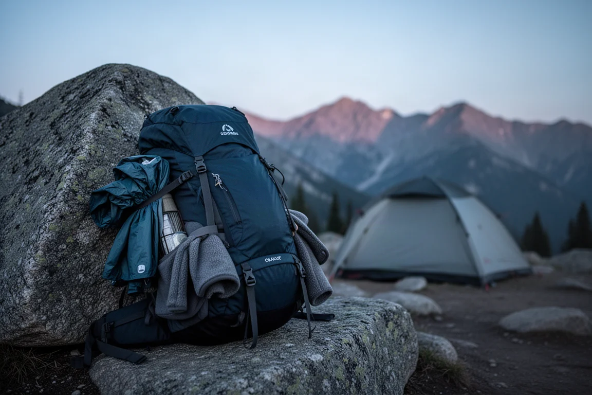 Loaded backpack leaning on a rock at a mountain campsite at dusk with layers strapped outside