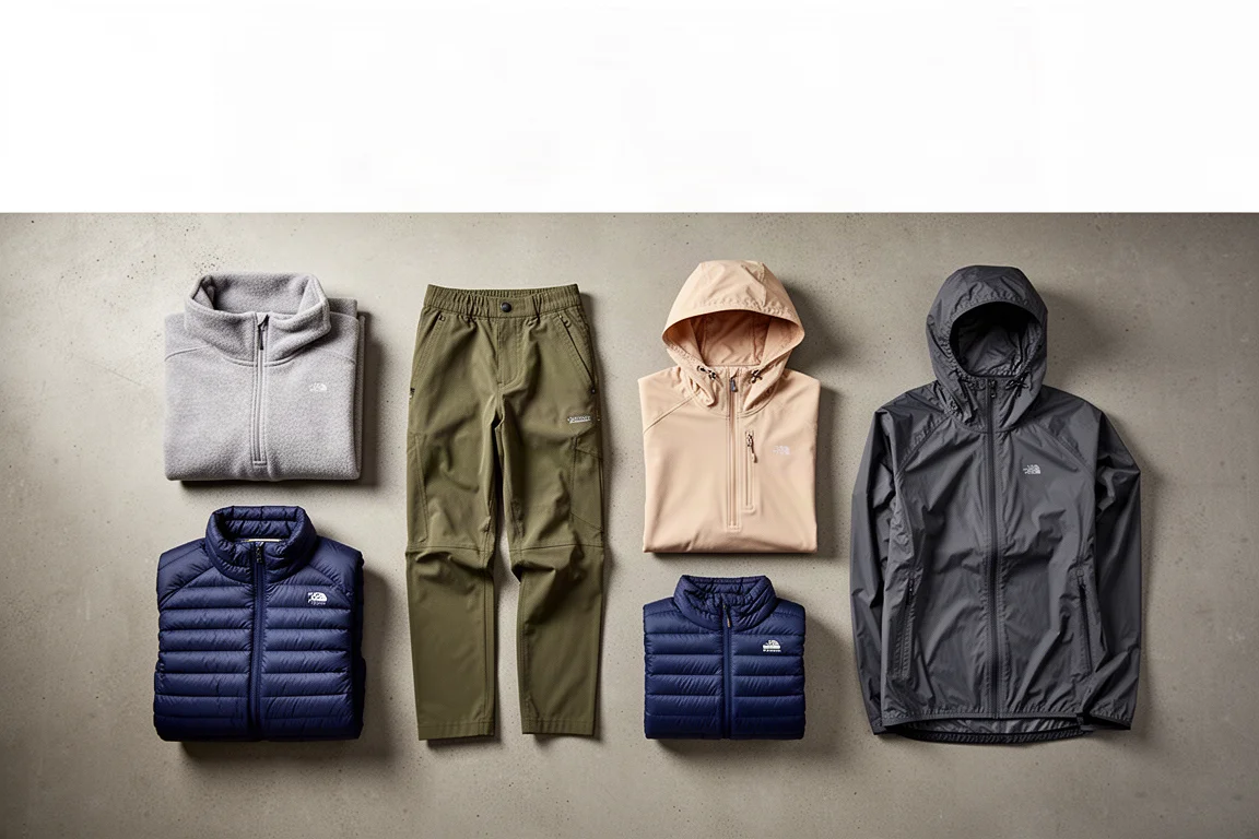 Backpacking layers including base layers, hiking pants, sun hoodie, down jacket, and rain shell laid out on concrete