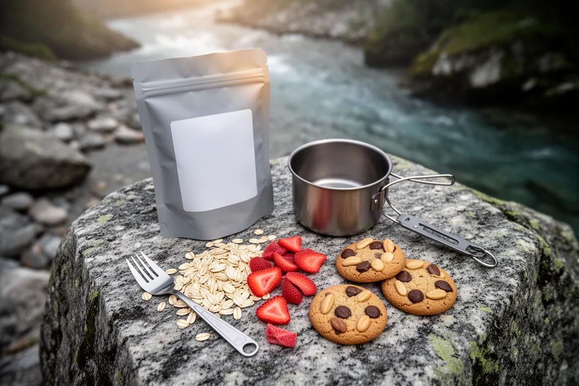 Ten sealed dehydrated meal pouches arranged on camp granite with a camping pot