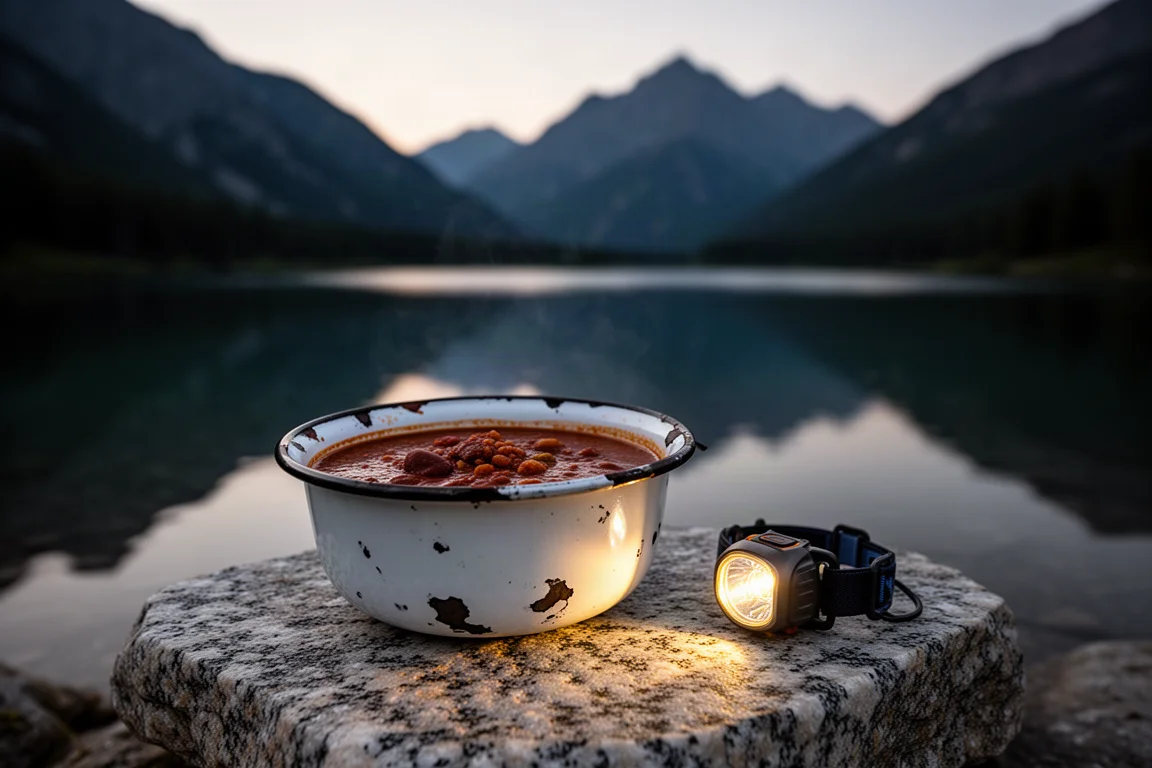 黄昏时分,搪瓷碗里的辣肉酱放在平石上,背后是湖泊和群山