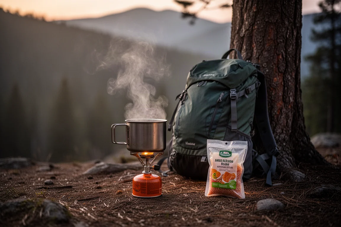Fornello da campeggio che bolle acqua in un campeggio di backcountry al crepuscolo