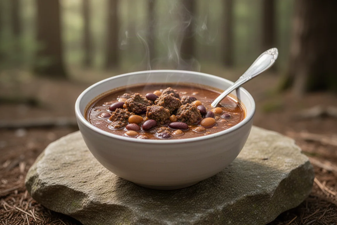 Ciotola di chili di bisonte con vapore su una roccia in una foresta