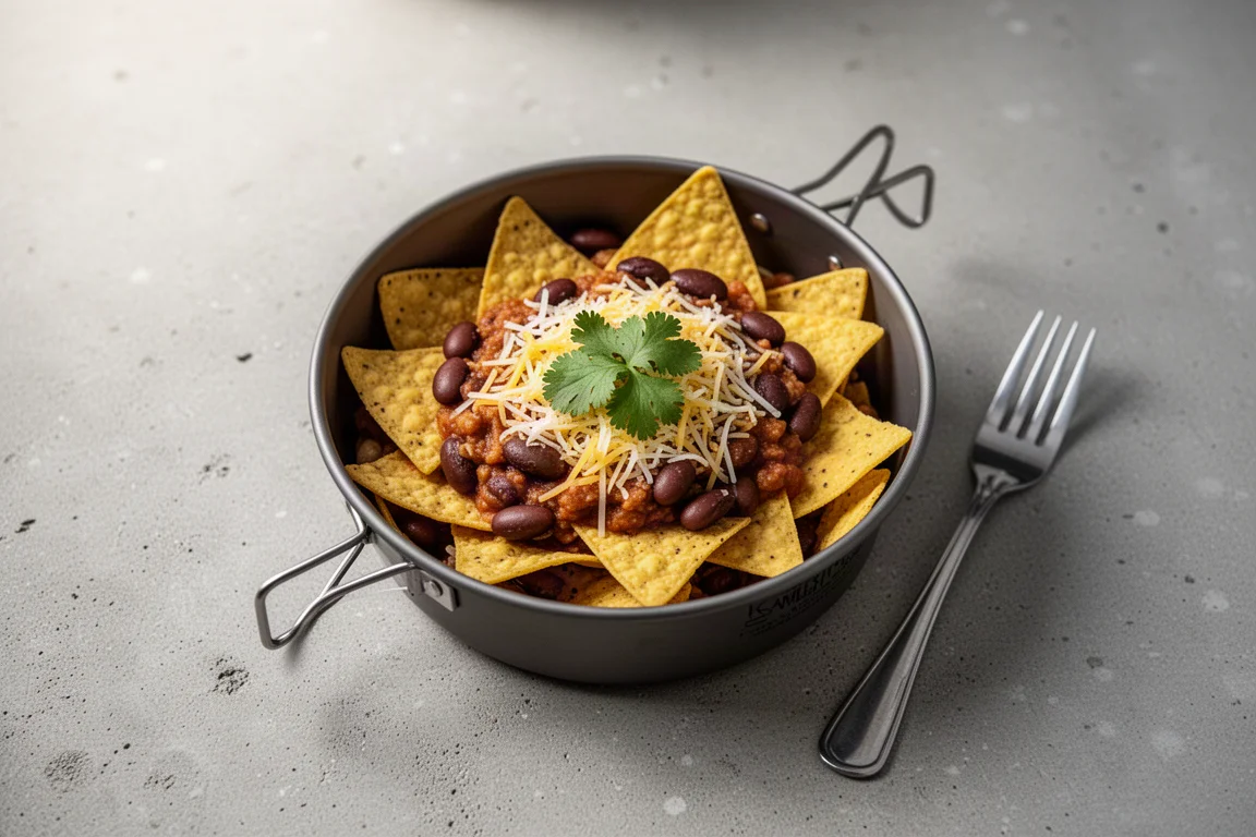 Vista dall'alto di chilaquiles in una ciotola da campeggio con chips e fagioli