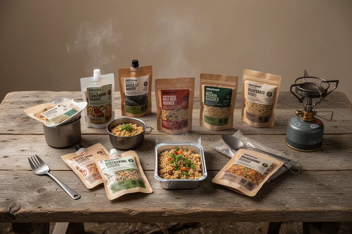 Ten backpacking meal pouches on a wooden camp table with a camping stove and spork