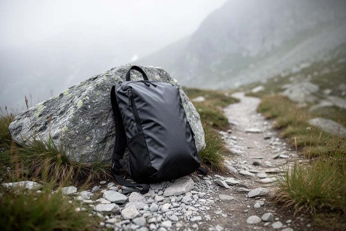 Mochila compacta sem armação encostada em uma pedra em uma trilha alpina de altitude