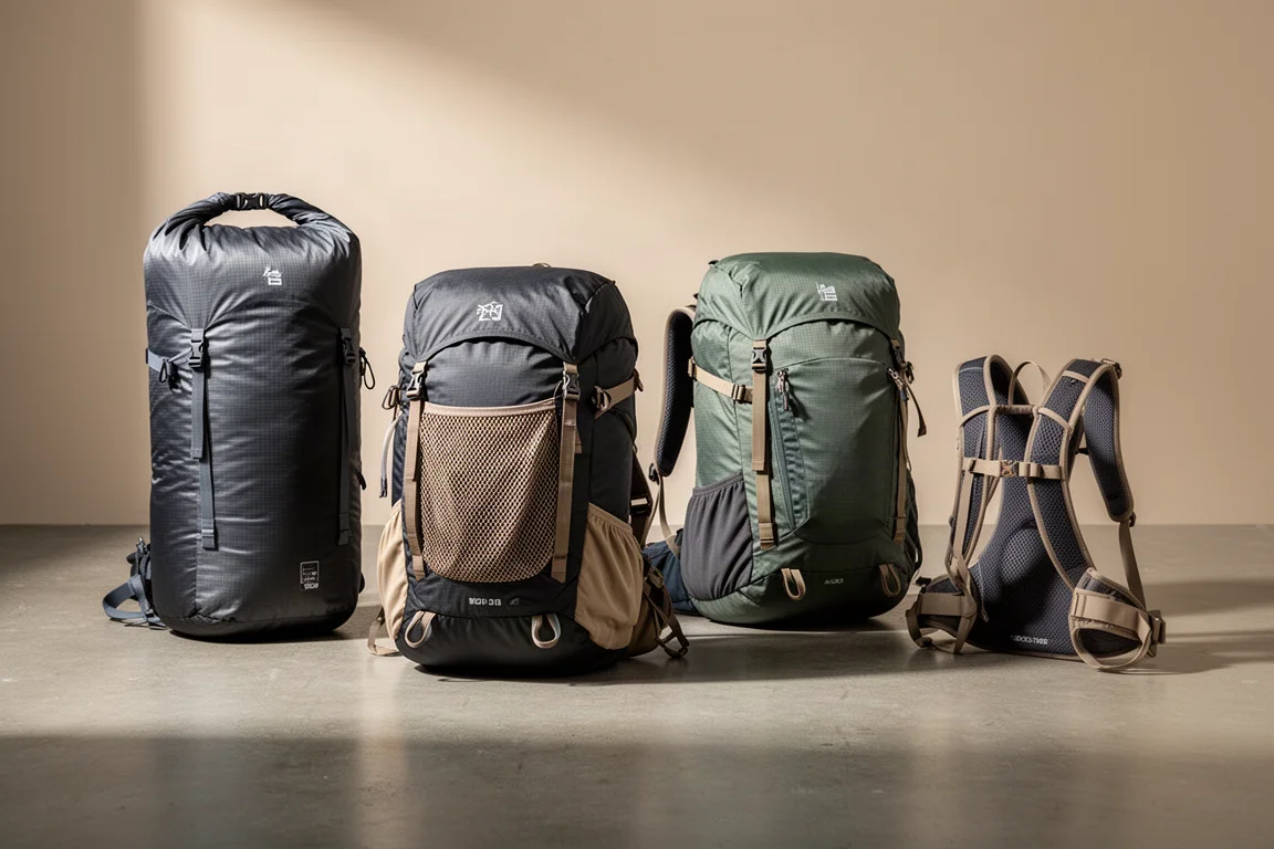 Six backpacking backpacks of different sizes arranged in a row on a concrete floor