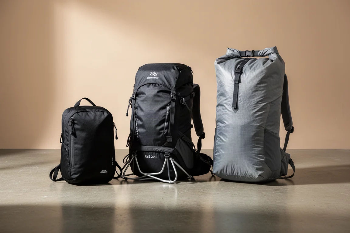 Three hiking backpacks of different sizes arranged on a concrete floor