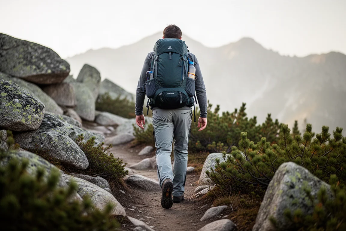 Hiker seen from behind walking a rocky alpine trail in lightweight synthetic trousers