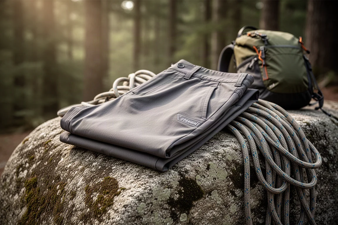 Folded lightweight synthetic hiking trousers on a granite boulder beside a coiled rope