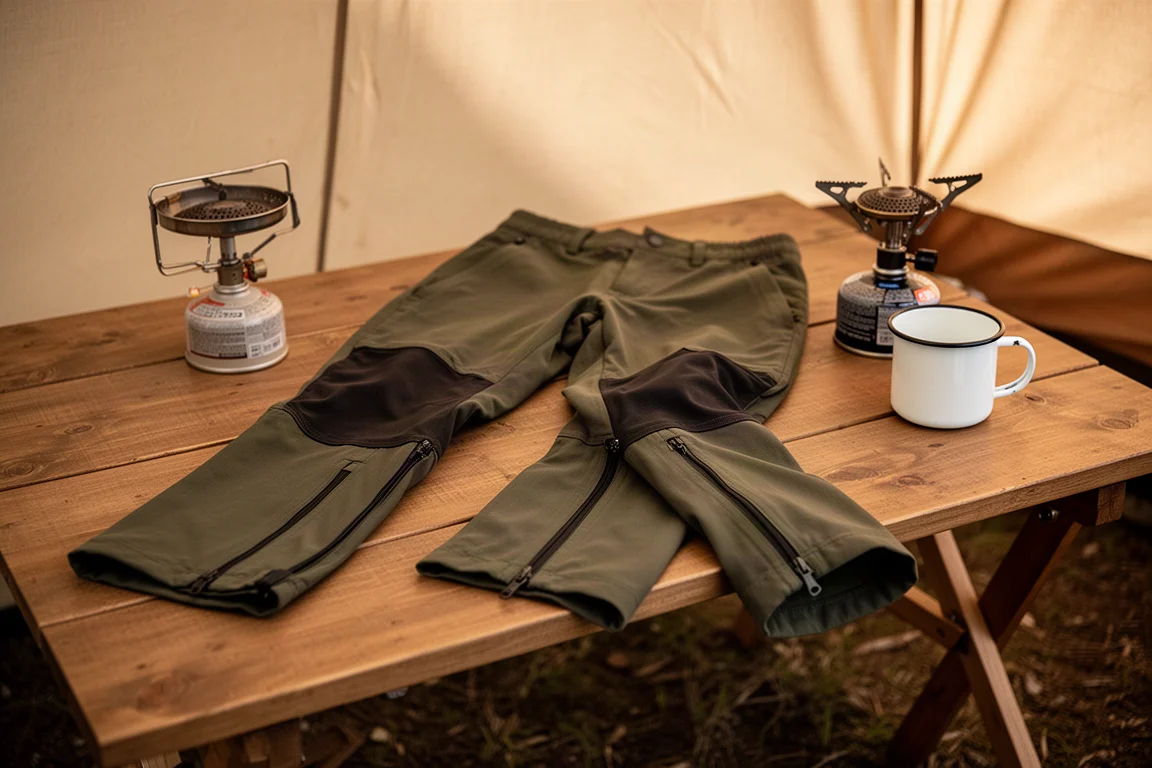 Convertible hiking trousers with lower legs unzipped on a wooden camp table